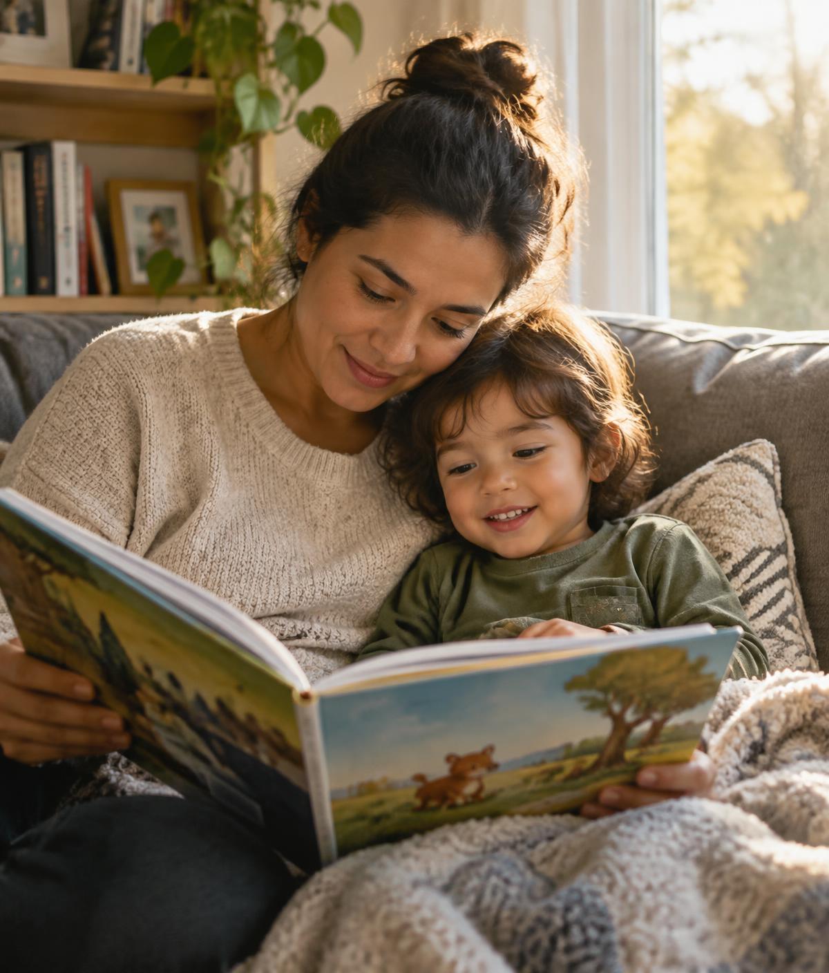 A mother reading to her young child