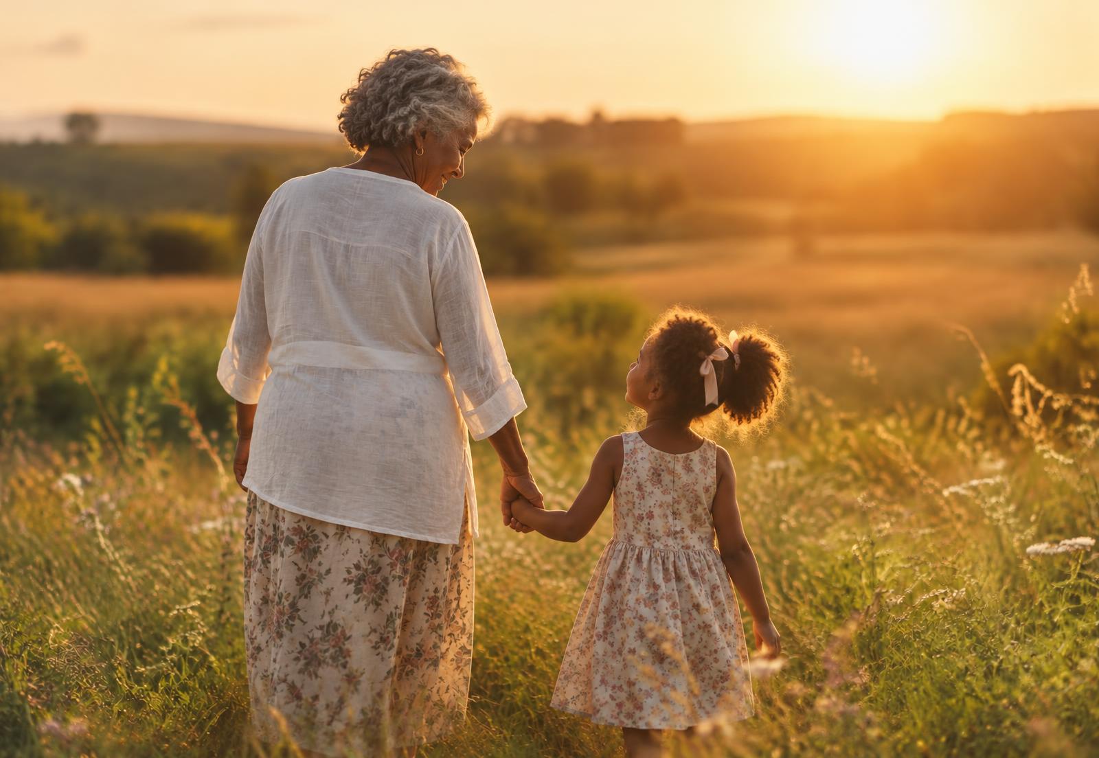 A grandmother and granddaughter walking hand in hand at sunset